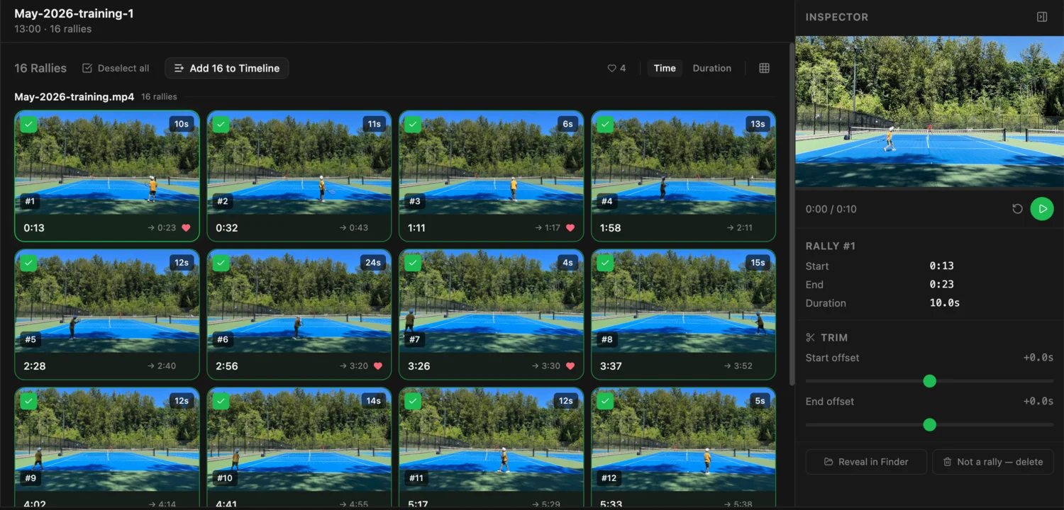 Rallytics rally list and inspector — multi-select, mark favorites, sort by time or length, preview each point, and fine-tune its start and end with two sliders